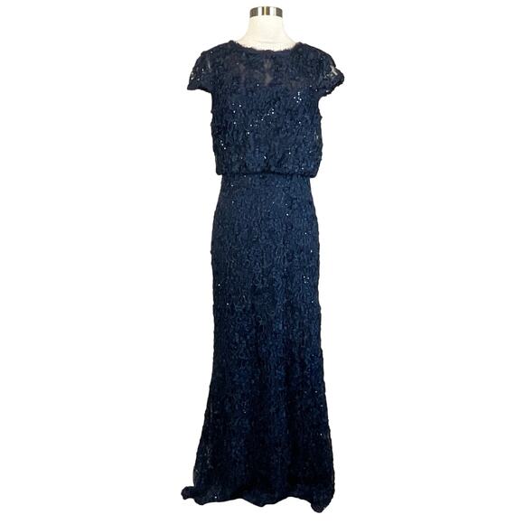 JS Collections Women's Formal Dress Size 6 Blue Sequined Lace Short Sleeve Gown - Picture 1 of 13